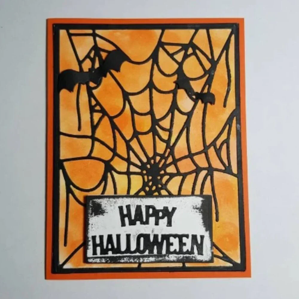 Happy Halloween Spider Webs and Bats Note Card - Orange & Black, Die Cut & Stamp